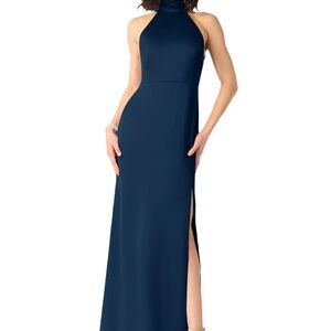 Azazie x Delaney - Dark Navy Sheath High Neck Stretch Satin Dress